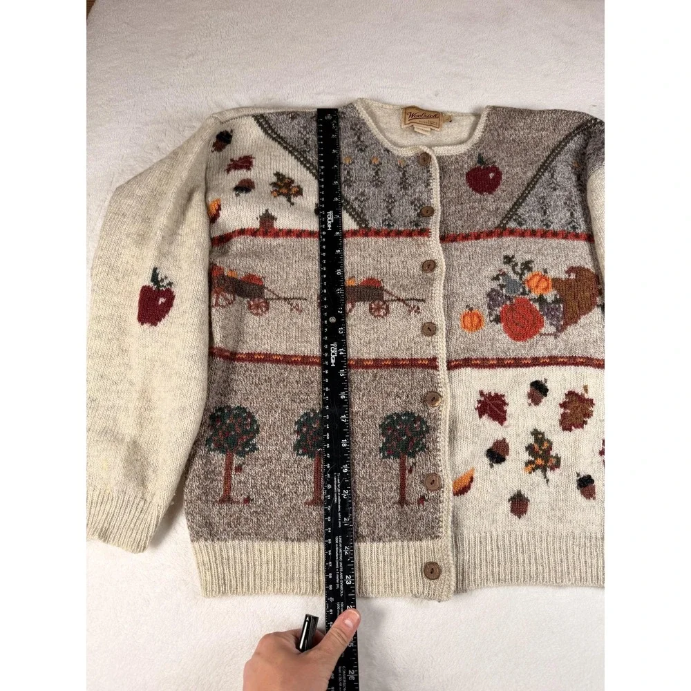 Woolrich Cardigan Sweater Womens Large Beige 100% Wool Fall Harvest Apple Knit - Picture 12 of 16